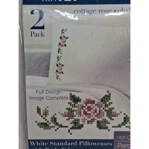 2 pk Leisure Arts Stamped Cross Stitch Pillowcases 20"x26" Cottage Rose White - Picture 2 of 7